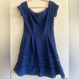 Square neck fit and flare navy Blue Dress with Lace Trim